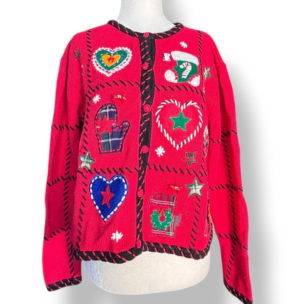 Vintage Christmas Cardigan Knit Holiday Sweater Cherry Red Green Applique Hearts